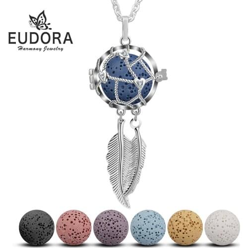 Eudora 18 mm Dream catcher Feather Tassel Lava Ball Pendant Perfume Aromatherapy Locket Diffuser Necklace For Women Jewelry K257