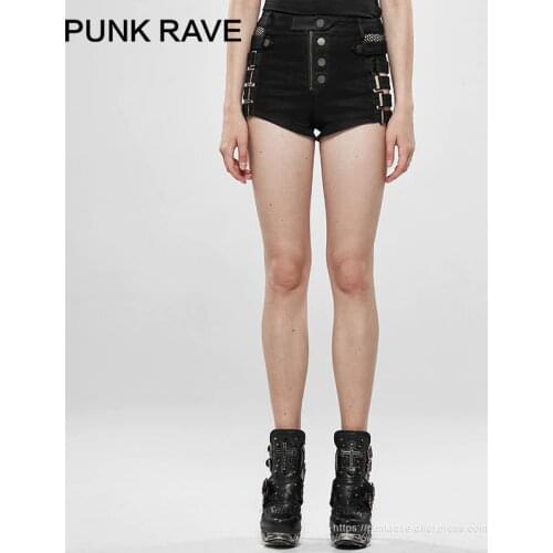 PUNK RAVE Womens Punk Metallic Rock Hollow Denim Black Short Mesh Metal Buckle Handsome Sexy Club Tight Women Shorts
