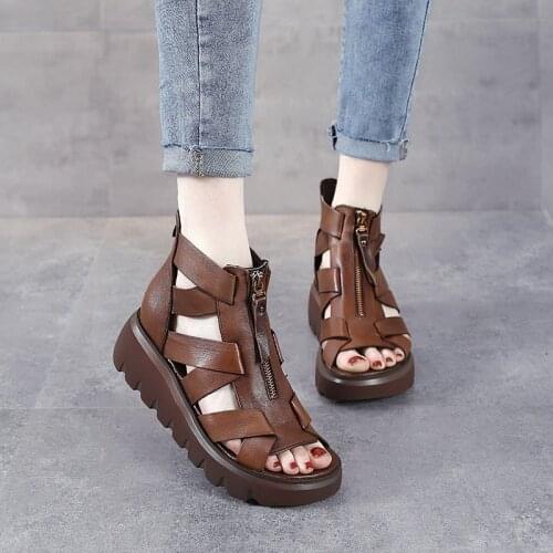 2021 Summer New Retro Handmade Hollow Roman Womens Shoes Leather Mid-heel Sandals Thick Heel Front Zipper Cool Boots