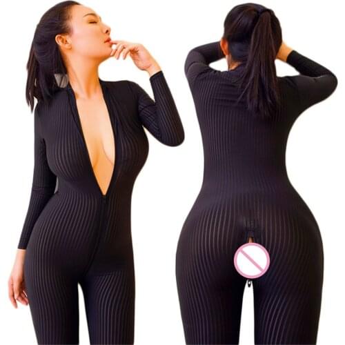 Women Sexy Black White Jumpsuit Deep V-neck Catsuit Double Zipper Open Crotch Bodysuit Stretch Bodystocking Erotic Club Costumes