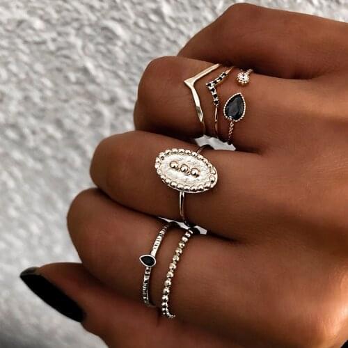 Antique Gold Color Finger Ring Set for Women Fashion Crescent Moon Cross Pattern Knuckle Rings For Girl Daily Party Jewelry Gift