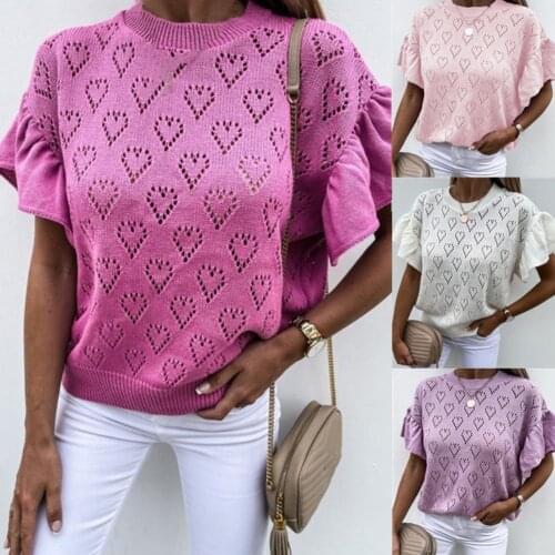 2021 Summer women T-shirt Solid Color Knitted Top Women Short Ruffle Sleeve Hollow Heart Blouse for Spring футболка