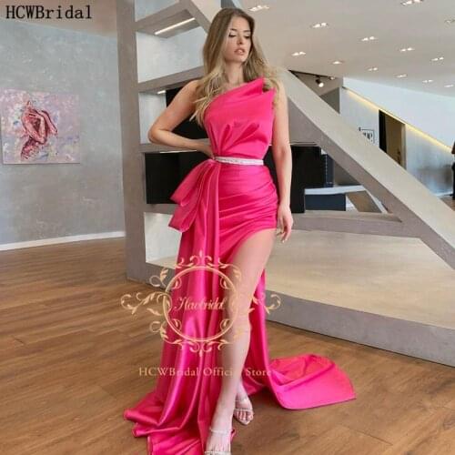 Fuchsia Mermaid 2021 Long Evening Dress Strapless Silver Belt High Slit Sexy Women Wedding Party Occasion Formal Evening Gown