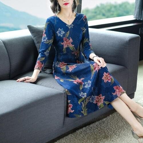 Women Vintage Dress Long Sleeve Winter Elegant Party Bodycon Dress Autumn Print Dresses Casual A-Line Midi Plus Size Vestidos
