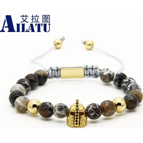 Ailatu Powerful New Design Wholesale 10pcs/lot 8mm Faceted Grey Veins Stone with Helmet Sparta Cz Macrame Bracelets