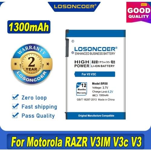 100% Original LOSONCOER NEW 1300mAh BR50 Battery For Motorola RAZR V3c V3E V3T V3Z V3i V3IM V3m V3 PEBL U6 Prolife 300 500