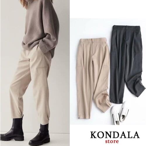 KONDALA Za 2020 Women Cotton Thick Jogging Pants Pockets Solid Office Lady Ankle-Length Elastic Waist Pants Female Trousers
