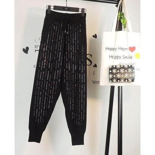 Women Spring Fashion Knitting Black Pants Women High Waist Diamond harajuku pants Casual Loose Trousters