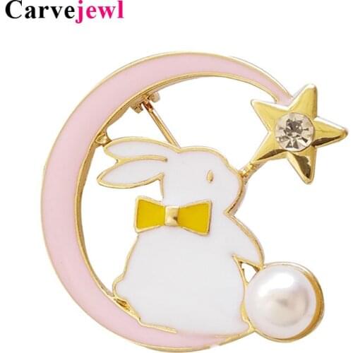 Carvejewl Cartoon animal pink blue rabbit brooch fashion bunny Badge Enamel glaze star moon Shirt Pins Womens Jewelry kids Gift