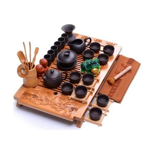 Kung Fu tea set ceramic tea pot tea cups bamboo tray plate Zisha household porcelain tea sets