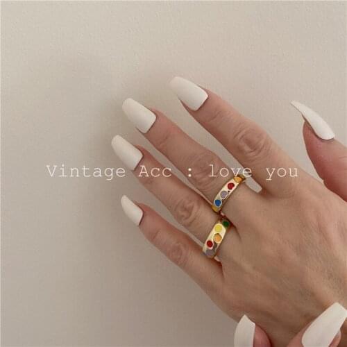 Korean Retro Ring Adjustable Opening Golden Rainbow Enamel Round Heart-shaped Printing Ring Ladies Fashion Jewelry