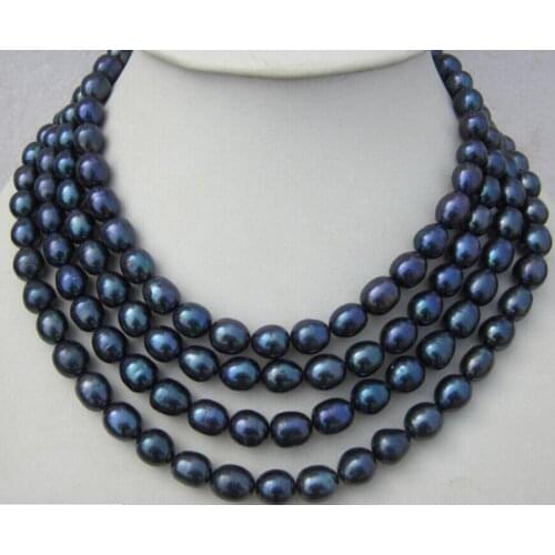 Beautiful 86" AAA 11x9MM black PEARL NECKLACE Yellow clasp