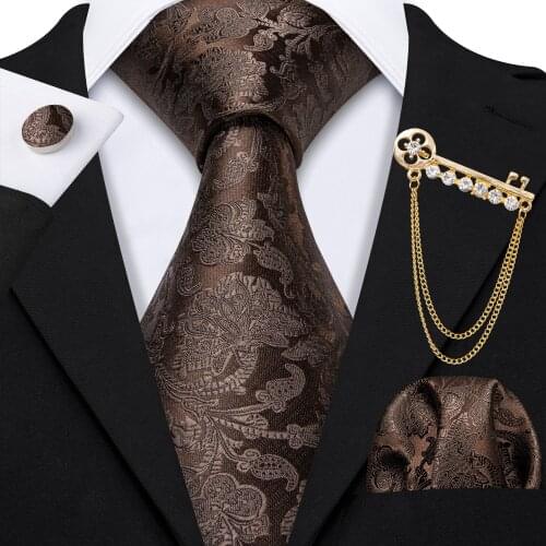 Fashion Men Tie Brown Floral Paisley Striped Jacquard Silk Tie Necktie Handkerchief Cufflinks Brooch Set Wedding Party N-5507