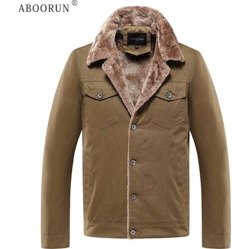 ABOORUN Mens Casual Velvet Jacket Army Khaki Thermal Bomber Coat 2021 High Quality Winter Coat for Male