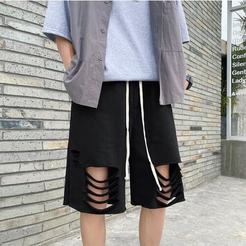 2021 Beach Shorts Men Summer Ripped Hole Casual Short Pants Mens Loose Drawstring Hip Hop Korean Shorts Black/Grey/Orange/Green