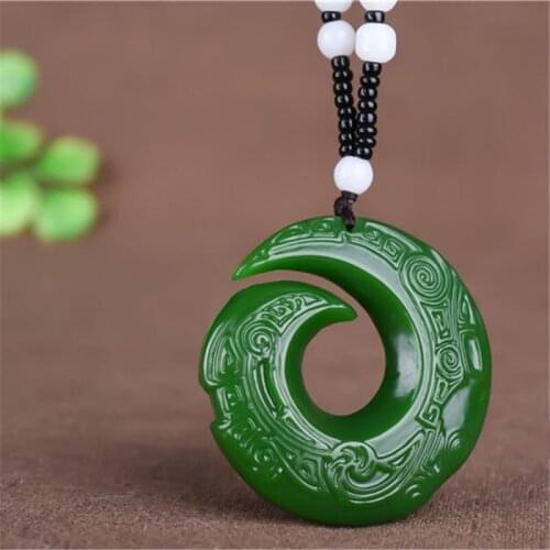NATURAL GREEN JADE DRAGON HOOK PENDANT NECKLACE JEWELLERY FASHION ACCESSORIES HAND-CARVED WOMAN LUCKY AMULET SWEATER CHAIN