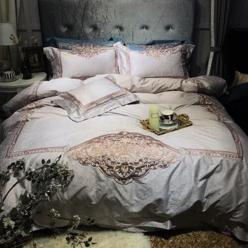 New 120S Egyptian Cotton silver Embroidery Luxury Bedding Set 4pcs King Queen Wedding Bed Sheet Cover set Duvet Cover Pillowcase