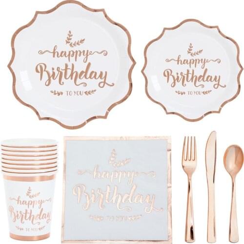 Rose gold disposable plate napkin knife fork spoon paper adult happy birthday party tableware decoration girl theme baby shower