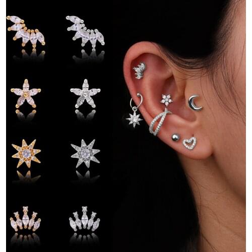 1Pc New Silver Color Stainless Steel Ear Cartilage Helix Screw Back Earring Stud Cz Tragus Rook Conch Piercing Jewelry