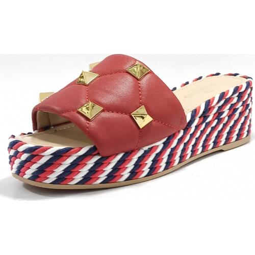 Women Blue Platform Slippers Spring Summer Fashion Rope Wedges Flip Flops Designer Sandals Real Genuine Leather Heeled Shoes