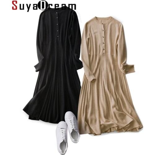 SuyaDream Woman 100%Wool Midi Dresses Solid O Neck Shirt Dress 2020 Winter Long Beige Sweaters
