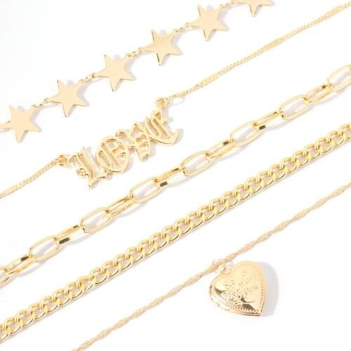 VG 6YM Multi Layer Star Choker Necklace For Women Punk Heart Link Chain Letter Necklaces Statement Jewelry Gift Hip Hop