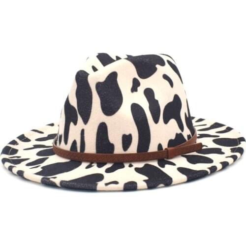 FUODRAO New Autumn Winter Cow Print Fedoras Hats Women Wool Felt Jazz Caps Men Wide Brim Gentleman Elegant Chapeau Femme NN15