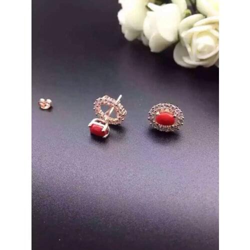 Natural red coral earrings 925 silver Natural gemstone earring for women Classic elegant round fashion Earrings for engagement