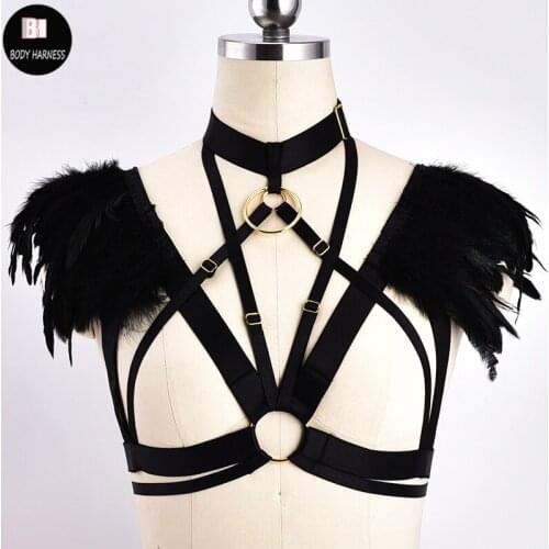 Women Sexy Feather Epaulettes Shoulders Wing Crop Tops Body Harness Lingerie BurningMan Festival Dance Body Cage Feather Harness