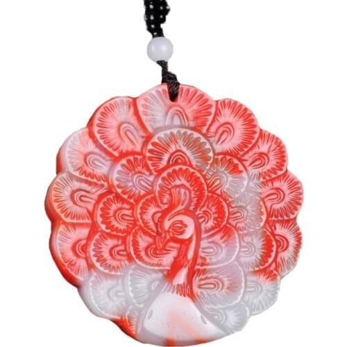 Women Necklace Pendant Natural Bloodstone Carved Peacock Open The Screen Free Chain Gift for Female Fashion Jewelry