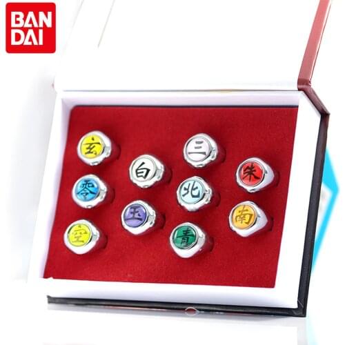 10PCS Bandai Naruto Rings Necklace Anime Figure Akatsuki Metal Jewerly Adjustable Cosplay Accessory Cool Fashion Boys Kids Gifts