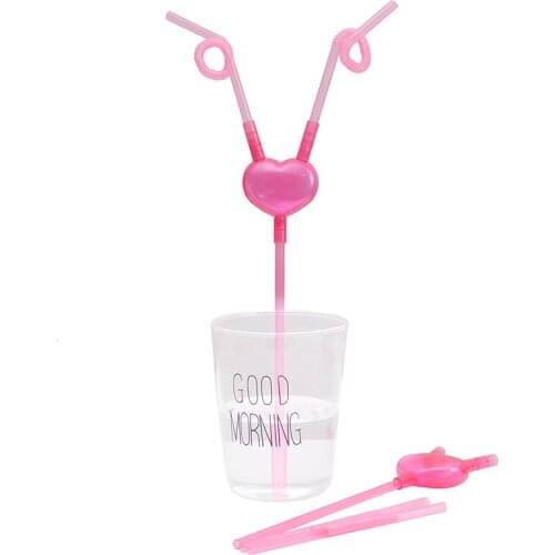 5pcs Funny Love Heart Double Straw Unique Flexible Drinking Tube Kids Colorful Plastic Drinking DIY Straws Bar Accessories