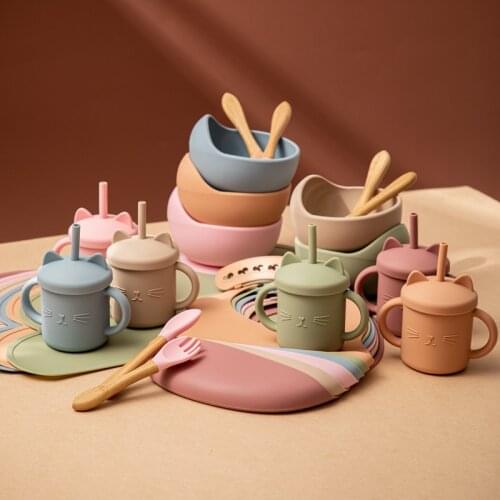 6PCS/1Set Baby Feeding Silicone Bowl Tableware NO BPA Non-slip Placemat Waterproof Spoon Straw Cup Silicone Baby Tableware