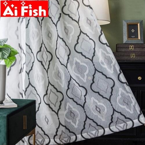 Simple European tulle curtains for living room black gray and white geometric jacquard window treatments sheer panels MY240#5