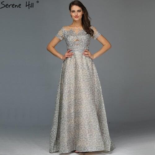 Dubai Blue Crystal Short Sleeves Evening Gowns 2021 O-Neck A-Line Formal Dress Design Serene Hill LA70148