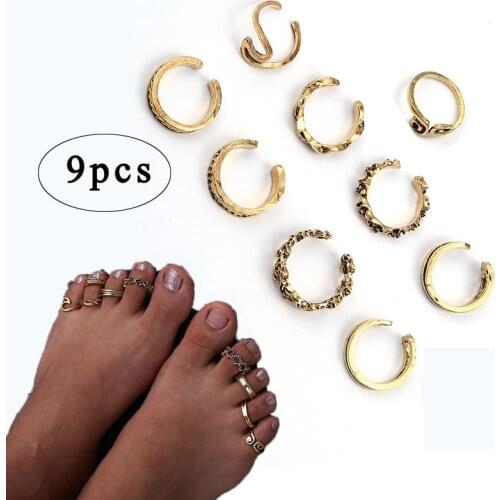 9pcs Summer Beach Vacation Knuckle Foot Ring Set Adjustable Open Toe Rings for Women Girls Female Bohemia Jewellery Gifts