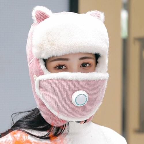 Cute Knitting Kit Scarf Women Winter Hat Face Mask Two-Piece Set With Breathing Valve Warm Soft For Winter Ski Outdoor Sports