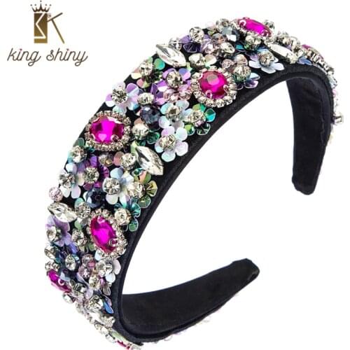 King Shiny Vintage Bohemian Flower Headband for Woman Luxurious Sparkly Rhinestone Crystal Beaded Hairband Girls Party Headpiece