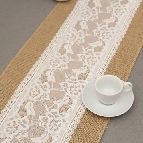 Natural Burlap Lace Hessian Table Runner Vintage Jute Rustic Tablecloth for Wedding Baby Shower Party Farmhouse Decoration
