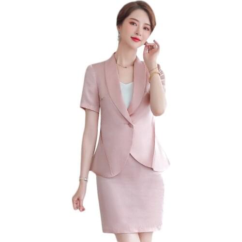 Summer Ladies Pink Blazer Women Bussiness Suits Skirt and Jacket Sets Short Sleeve Work Wear Office Uniform Styles