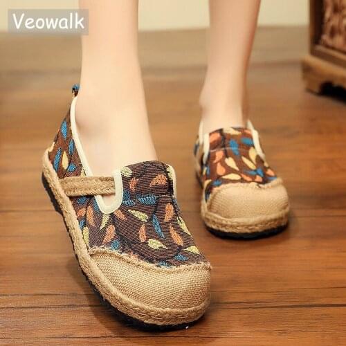 Veowalk Handmade Women Linen Cotton Slip-on Loafers Espadrilles Bohemian Embroidered Comfort Ladies Casual Flat Platform Shoes