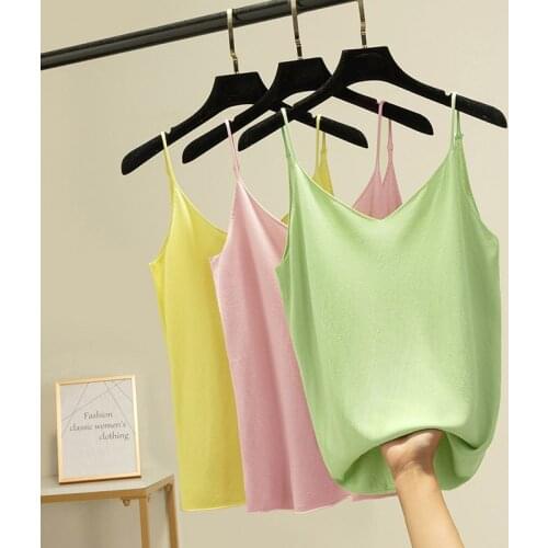 Women Sexy tank Tops Vest V Neck bright color Camisole Strap Clothes off shoulder top