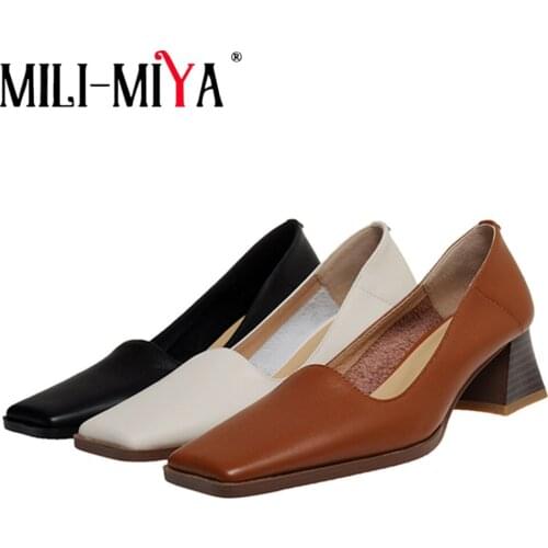 MILI-MIYA Fashion Design Square Toe Women Full Genuine Leather Pumps Thick Heels Solid Color Office Career Shoes For Ladies