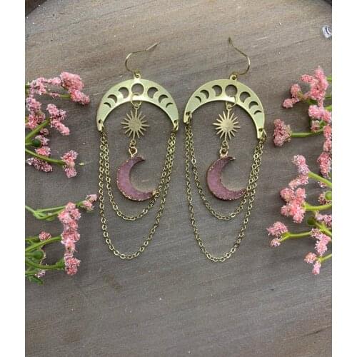 Celestial Brass Moon Phase Chain Pink Druzy Resin Moon Earrings