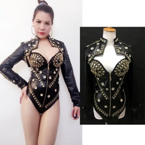New American Clothing For Female Singer Nightclub Gogo Dancer Pole/Jazz/Modern Dance Black Leather Bodysuit Rave Outfit DQL4241