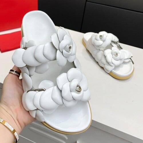 Luxury Brand Genuine Leather Hot Sale Open Toe Classic Simple Floral Sandals Flat Women Sandals Casual Shoes Female size 35-42