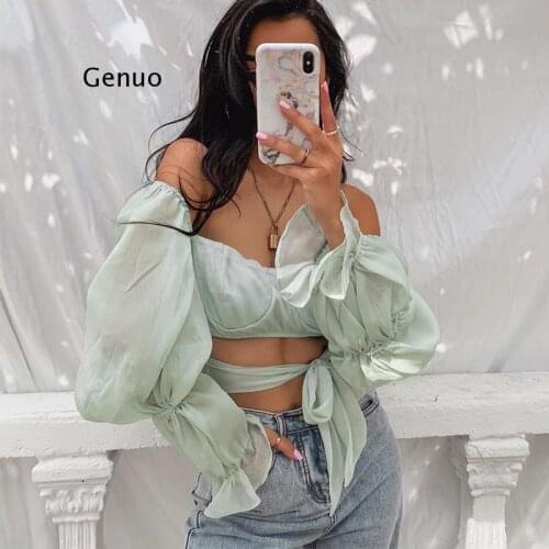 Square Collar Fashion Flare Sleeve Chiffon Blouse Shirts Summer Backless Lace Up Crop Top Blouse Tops