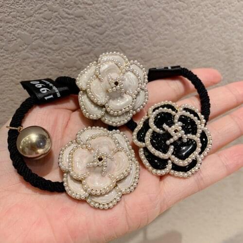Rhinestone Flower Elastic Hair Bands Camellia Headdress Pearl Floral Metal Rose Hair Accessories Hair Ties Scrunchies Wholesale