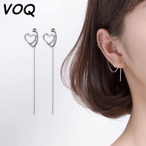 VOQ 925 Sterling Silver Womens Simple and Delicate Heart-shaped Clip-on Earrings Chain Earrings Jewelry Gift