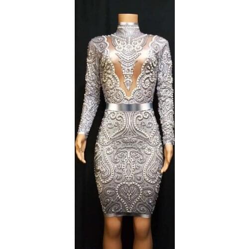 Top Quality Hand-make Ladies Long Sleeve Sexy Bodycon Mini Dress Beading Evening Party Dress Wholesale